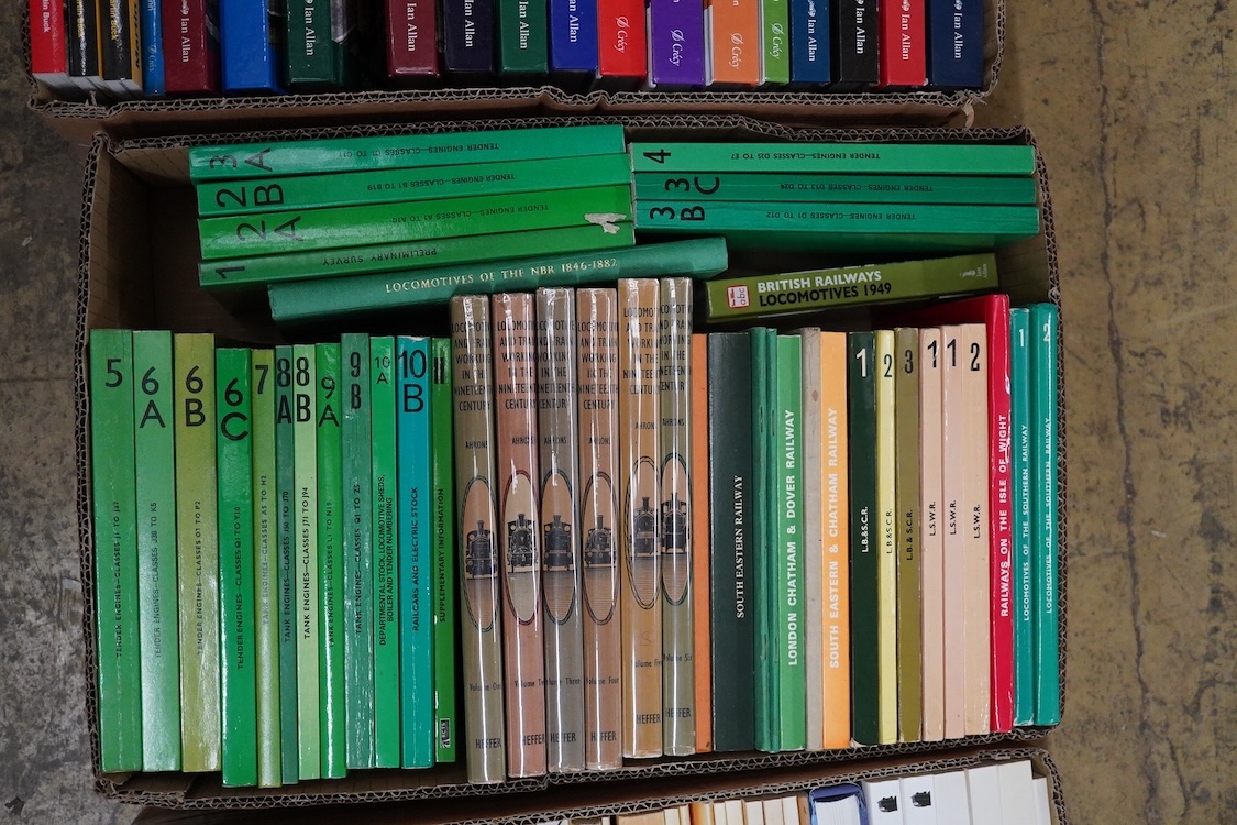 Four boxes of Railway related books, subjects include; Rail Guide ABC year books, Locomotive and Train Working in the 19th century, British Locomotive Catalogue, Armoured Trains, etc., publishers include; Pen & Sword, He